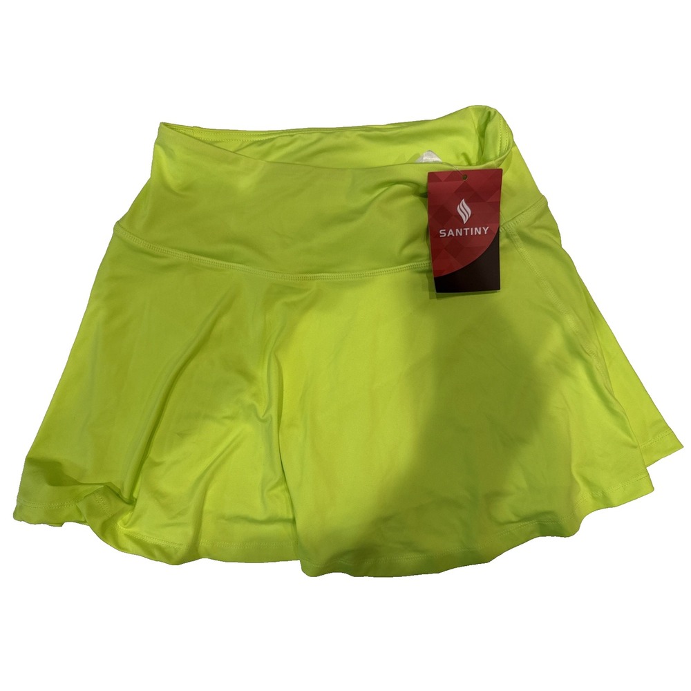 SANTINY Women's Pleated Tennis Skirt Neon Highlighter Green Athletic Skort Small